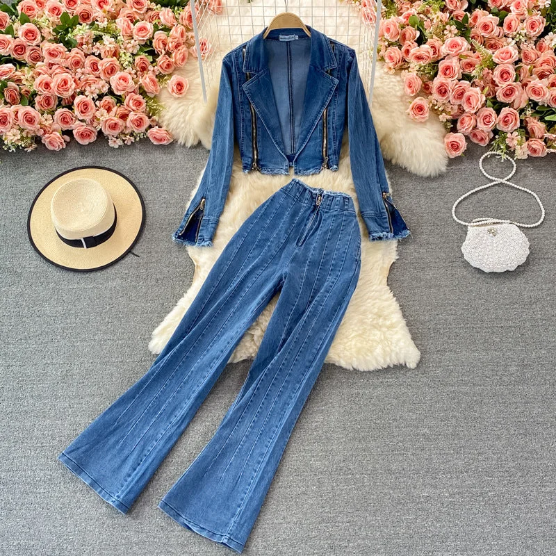 New Arrival Denim Top Loose Wide Leg Pants Jeans 2 Piece Denim Set Women Two Piece