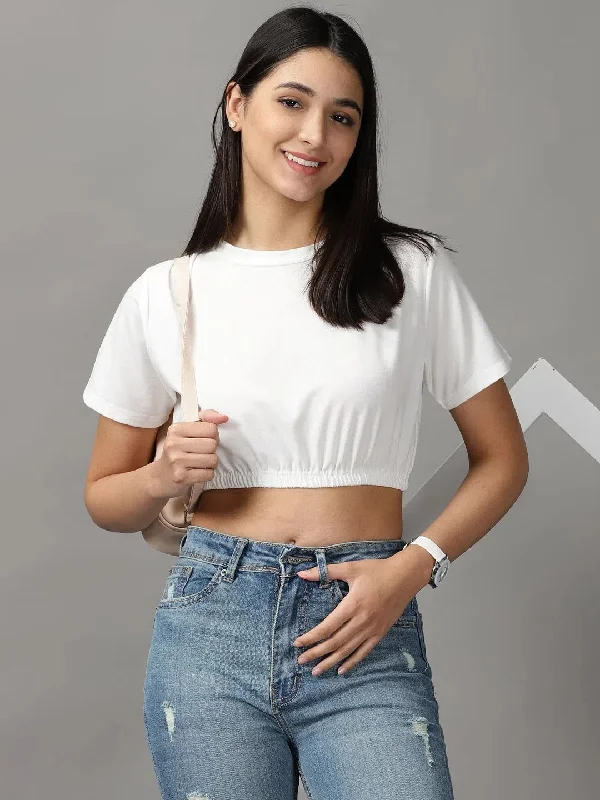 CroptopshirtWomen's White Solid Cinched Waist Crop Top-AE-10504-White