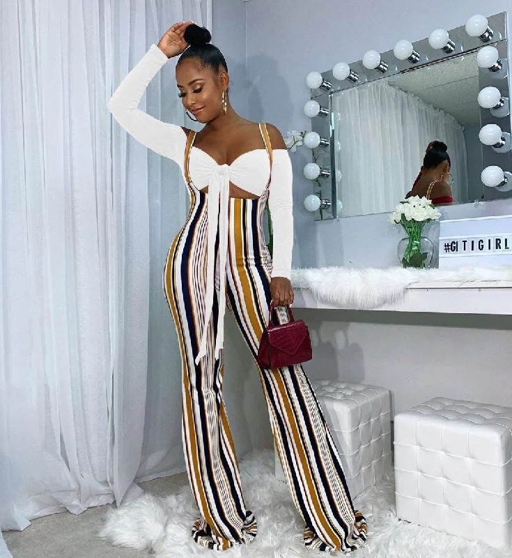 2022 new arrivals winter long sleeve striped jumpsuit lace up 2 piece jumpsuits women