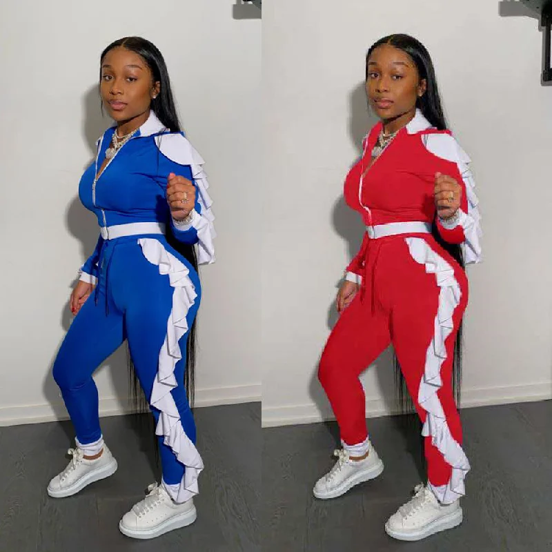 2021 Fashion Sets Autumn Winter Sports Sexy Fleece 2 Piece Set Women with Zipper Women's Sets With Ruffles