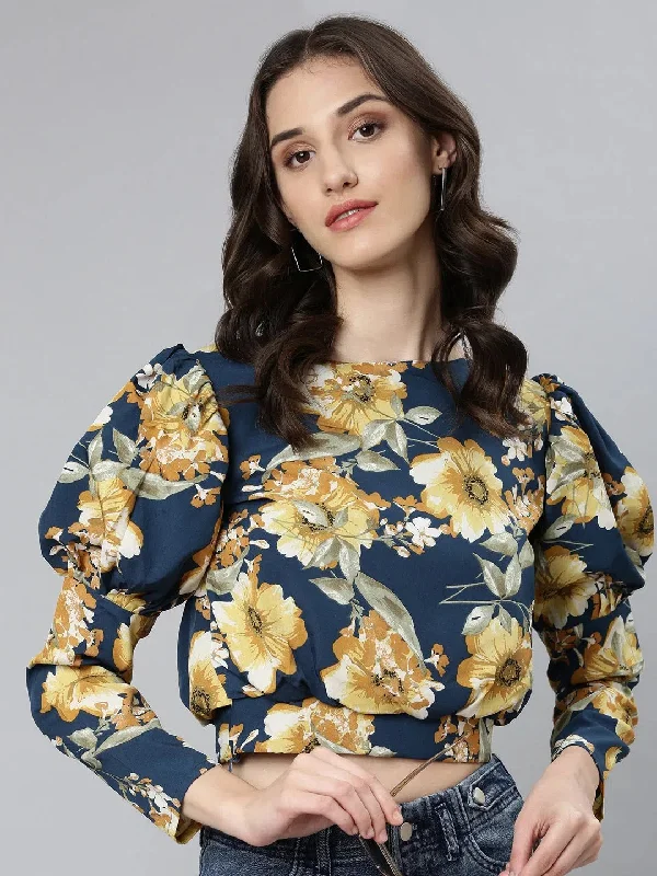 CroptopdesignWomen Teal Floral Blouson Crop Top-AE-10755-Teal