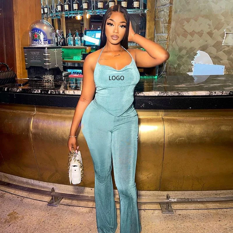 Latest Two Piece Sets 2022 Fashion Solid Color Lace Up Sleeveless Tube Top And Casual Long Pants Women Two Piece Pants Set