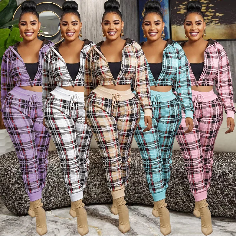 Sharee 2023 Popular Brand Clothes Us Size Two Piece Plaid Hoodie Jacket Pants Sets Sweatsuit Sets Women