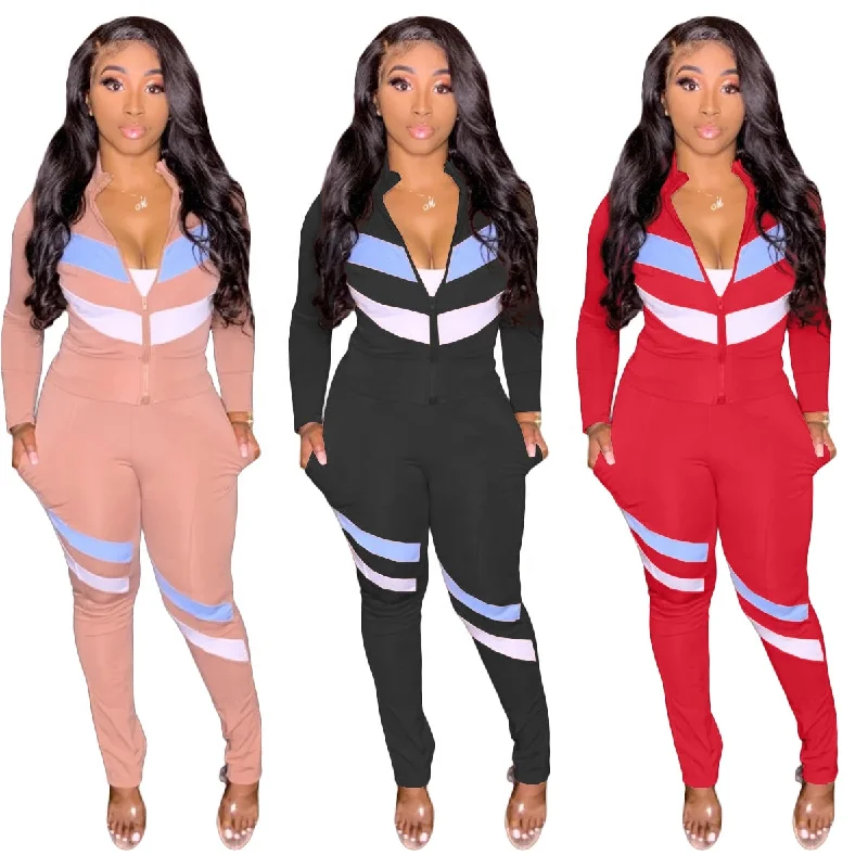 T0008 2021 Hot Selling In Usa Patchwork contrast zip top and tights Women Tie Dye Two Piece Set Women Clothing