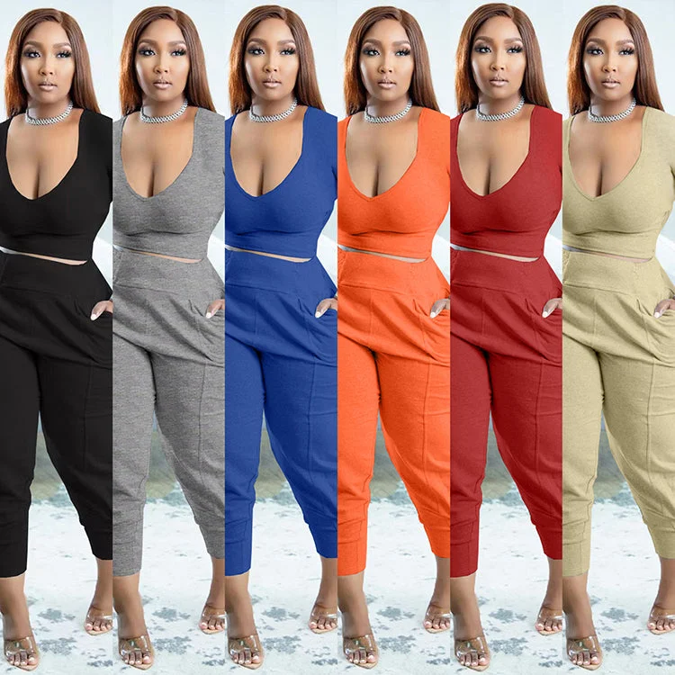 Women Tracksuit Sweatsuit Set Women Outfits Casual Solid Bandage Patchwork V Neck Plus Size Two Pieces Pant Set