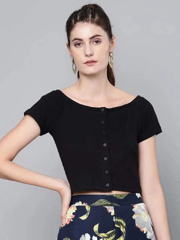 CroptopminimalBlack Front Button Bardot Rib Crop Top