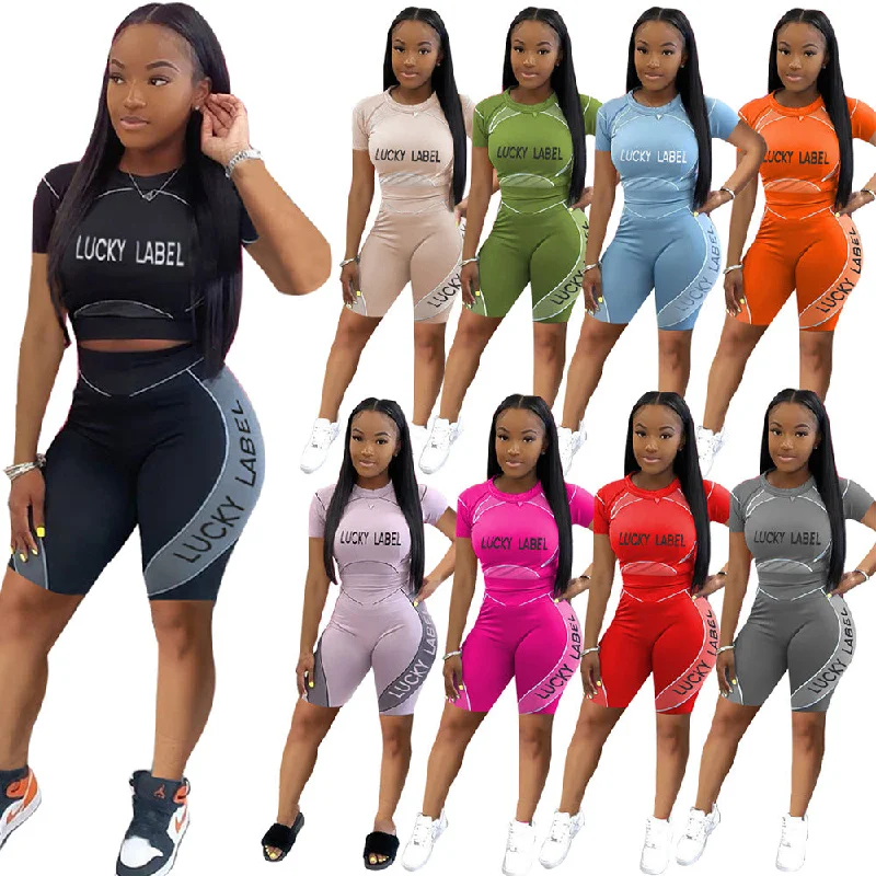 2022 Short Sleeve Top and Shorts Lucky Label Print Activewear or Casual Slim Women's Two Piece Pants Set