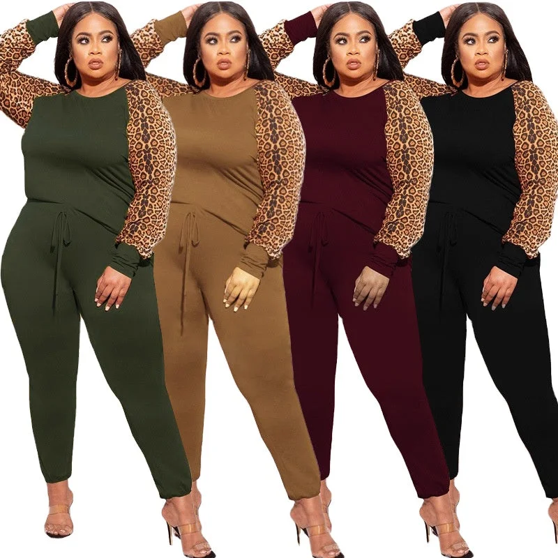 women's fashion solid color Leopard grain  full length plus size women 2 piece pants sets