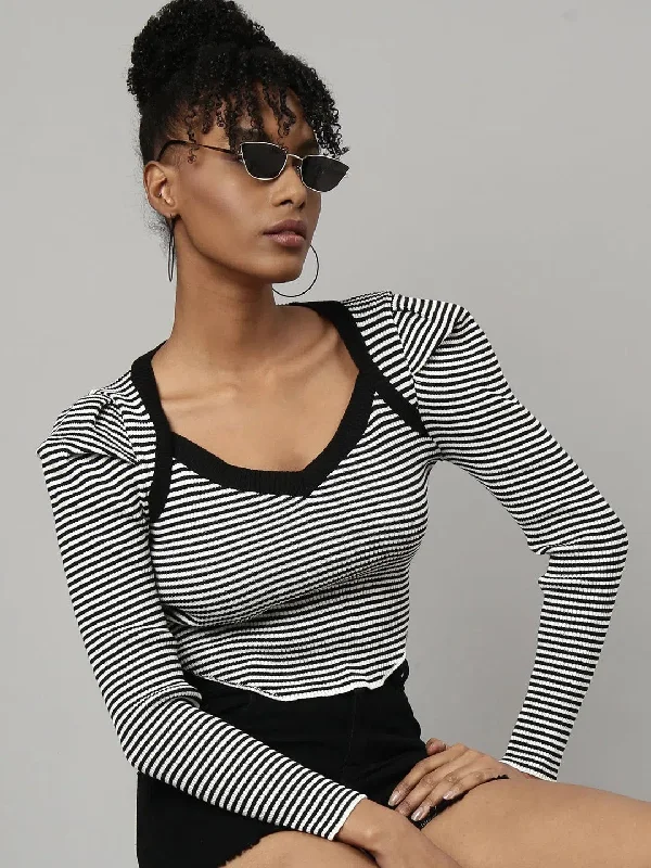 CroptoppatternWomen Black Horizontal Stripes Fitted Crop Top-MWC-8200-Black