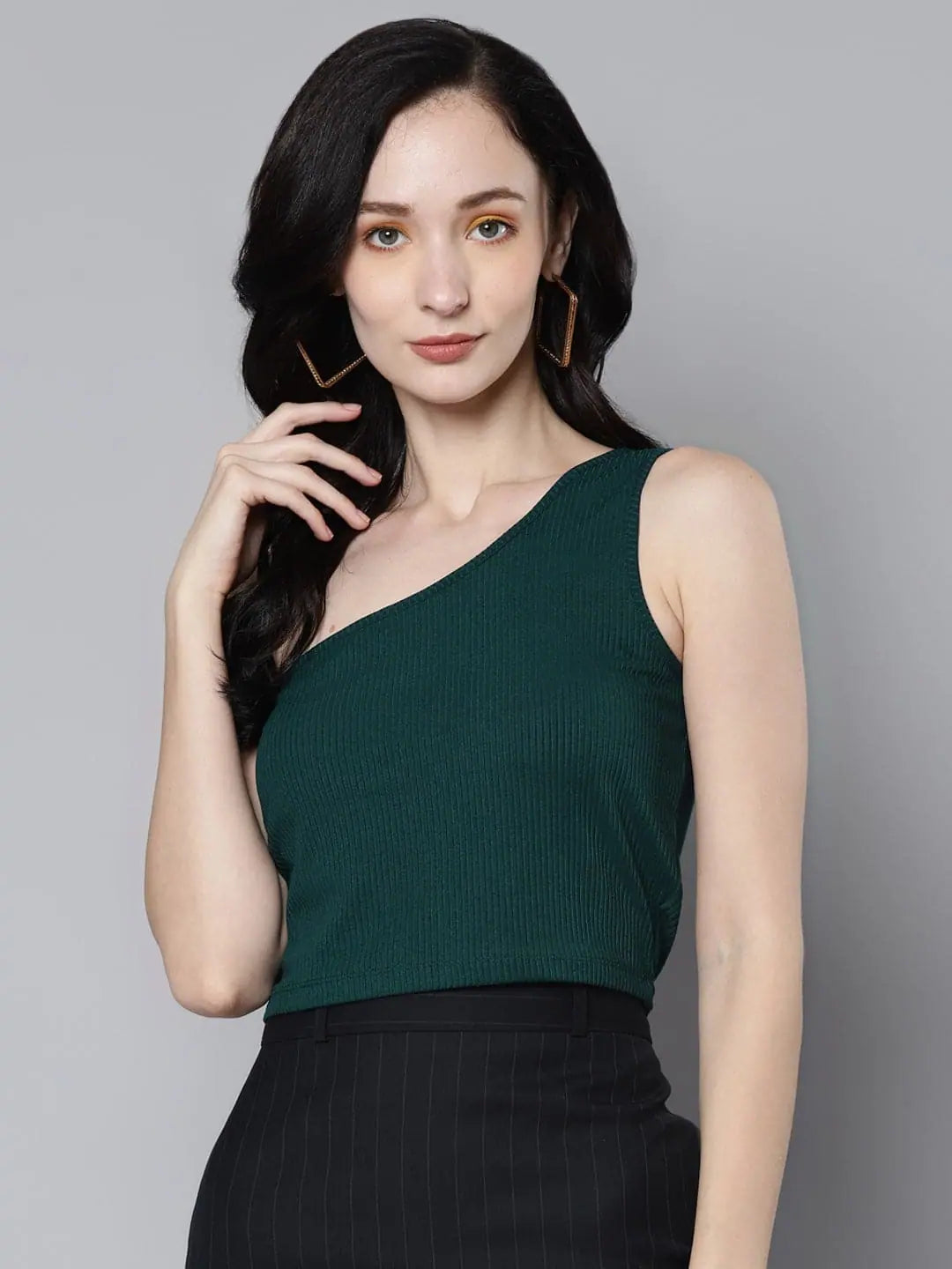 CroptopfashionWomen Emerald Green Rib One Shoulder Crop Top