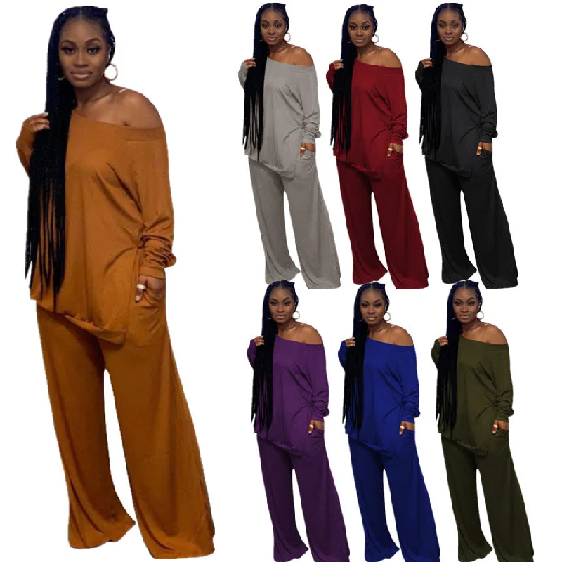 CMM-756 Plus Size Women'S Solid Color Casual Split Blouse Wide Leg Pants Casual Wide-Leg Pants Two-Piece Suit