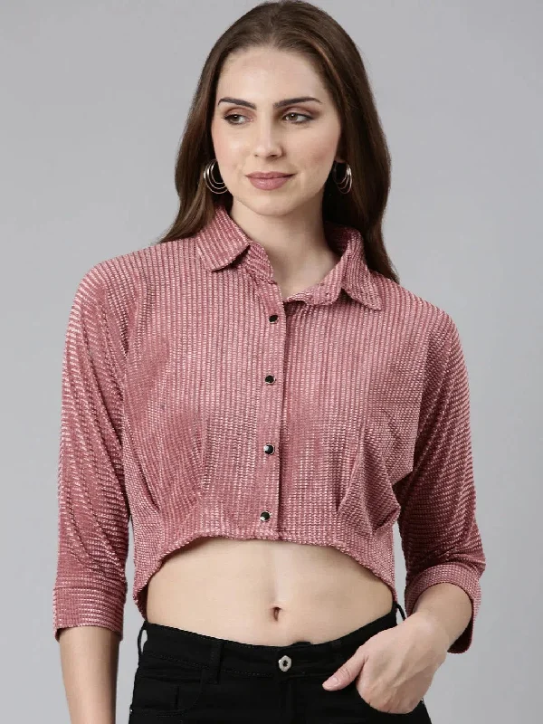 CroptopartisanShirt Collar Kimono Sleeves Self Design Mauve Crop Top-AE-831-Mauve