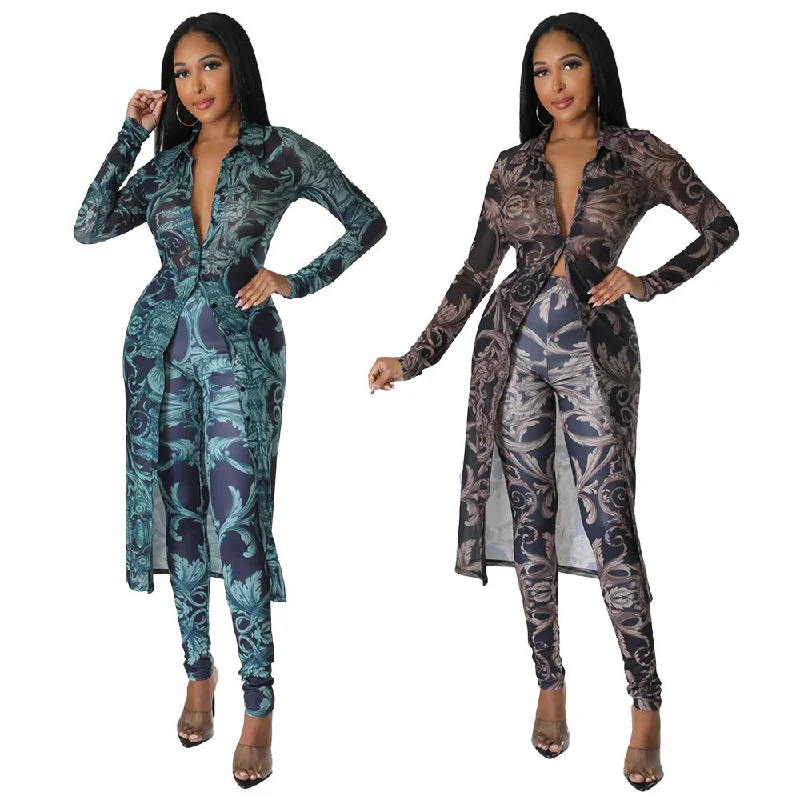 C1102TA88 Autumn Trendy Casual Print Long Cardigans Bodycon 2 Piece Pants Set Women Sehe Fashion