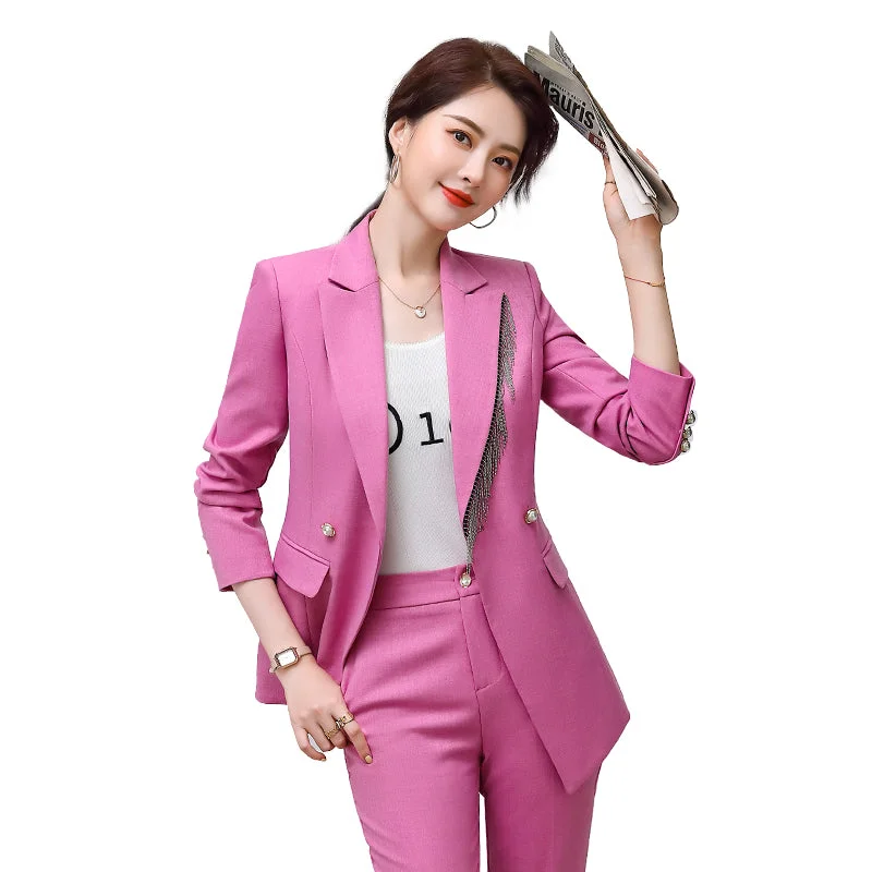 High-quality Wholesale Candy Color Tassel 2 Piece Suit Set for Women Clothes Suit Business Office Lady Work Wear Pant Suits