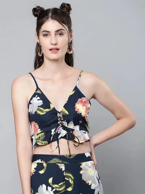 CroptopfinishNavy Floral Strappy Crop Top