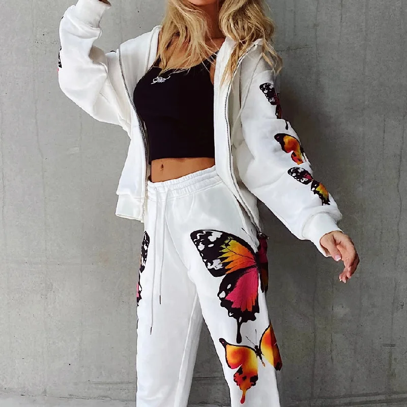 2 Pieces Sport Suit Set for Women Butterfly Printed Female Clothes Zipper Up Hoodies Coats Pants White Black Street Wear