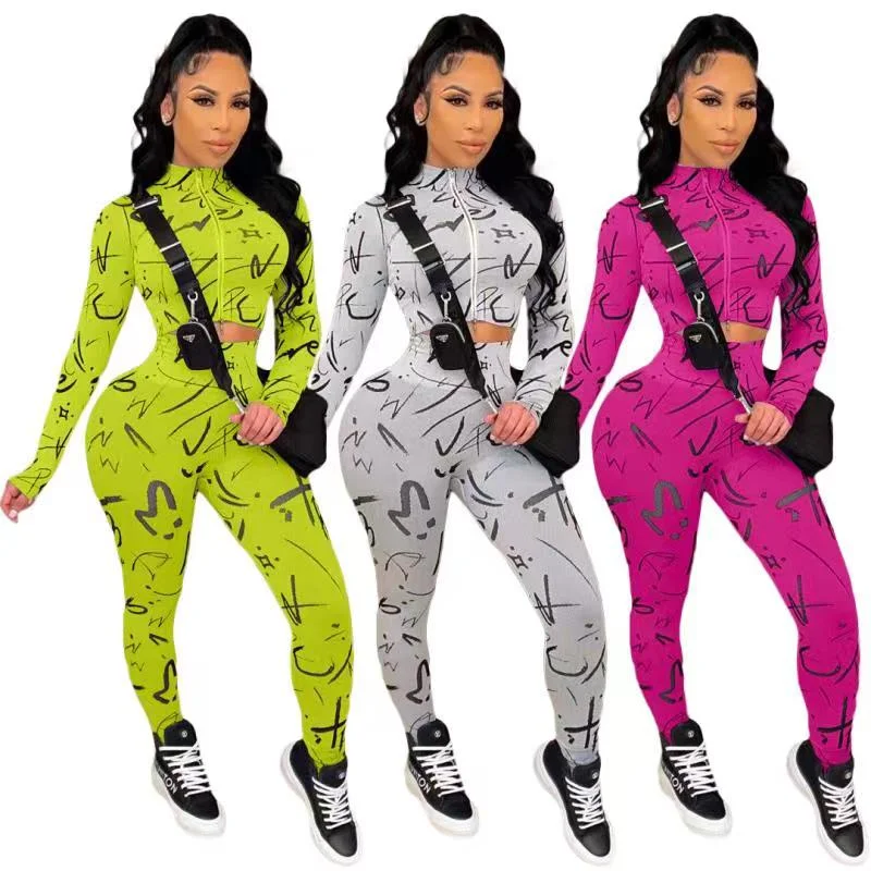 Women Outfits Women Outfit Round Neck Zipper Fashion Casual Printed Two Piece Pant Set