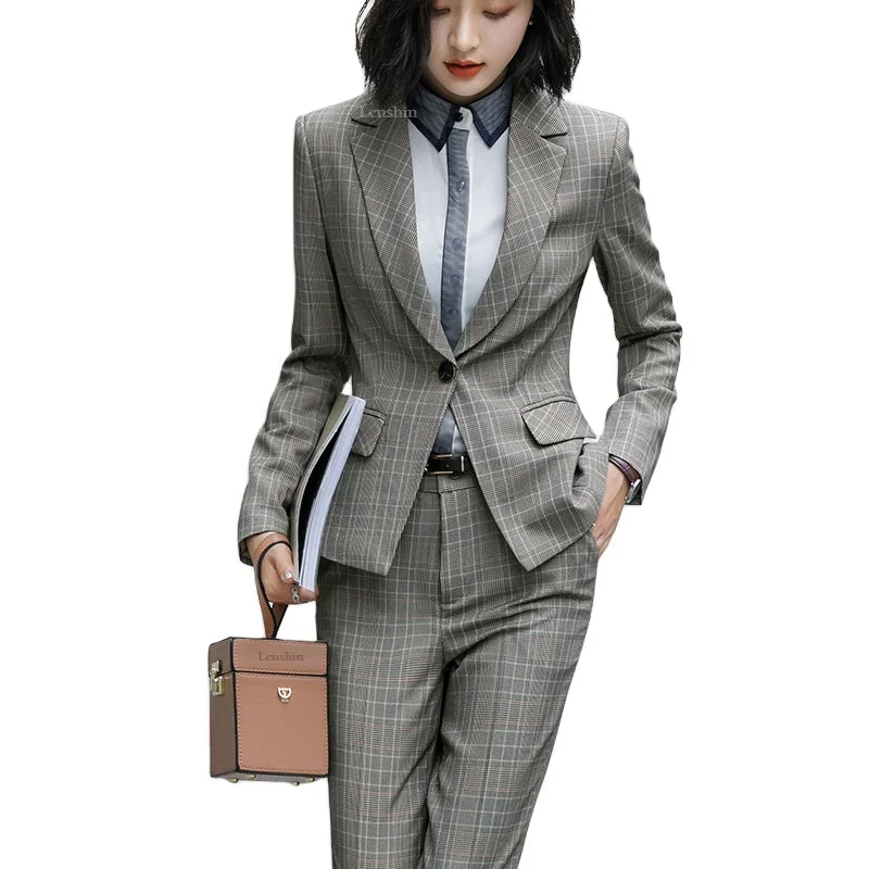 Elastic Waistband 2 Piece Set Formal Plaid Pant Suit Office Lady Work Wear Uniform Design Women Business Jacket and Trouser