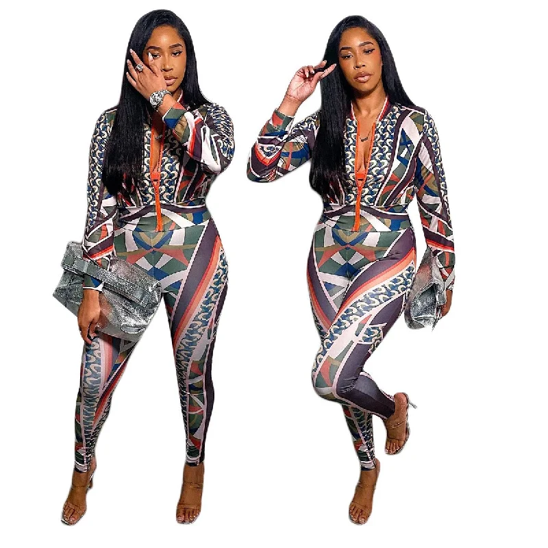 J&H 2023 new design trendy printed zip up slim fit tracksuits women fashion two piece pants sportswear fall outfits