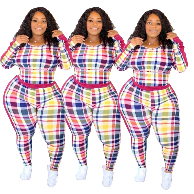 PME048 wholesale fall 2021 winter casual plaid sports wear jogging suits 2 piece set activewear plus size women clothing