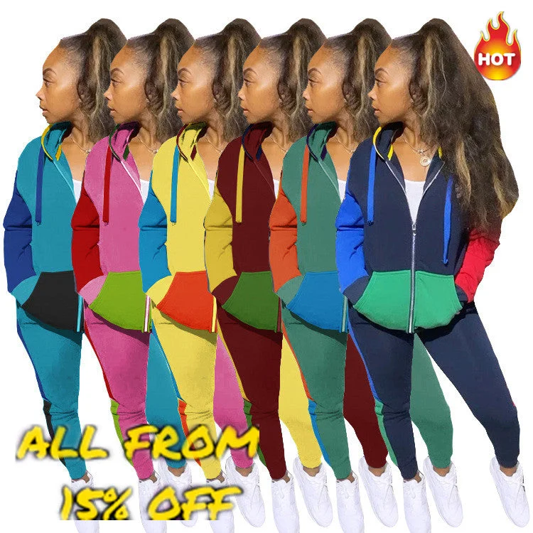 2022 Brand Jogging Suits Women Sweatsuit Two Piece Set Outfits Patchwork Pocket Hoodies Top Joggers Pants Tracksuit