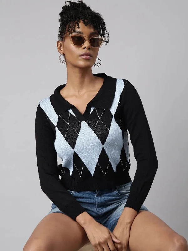 CroptoplinenWomen Black Checked Fitted Crop Top-RF-6075-Black