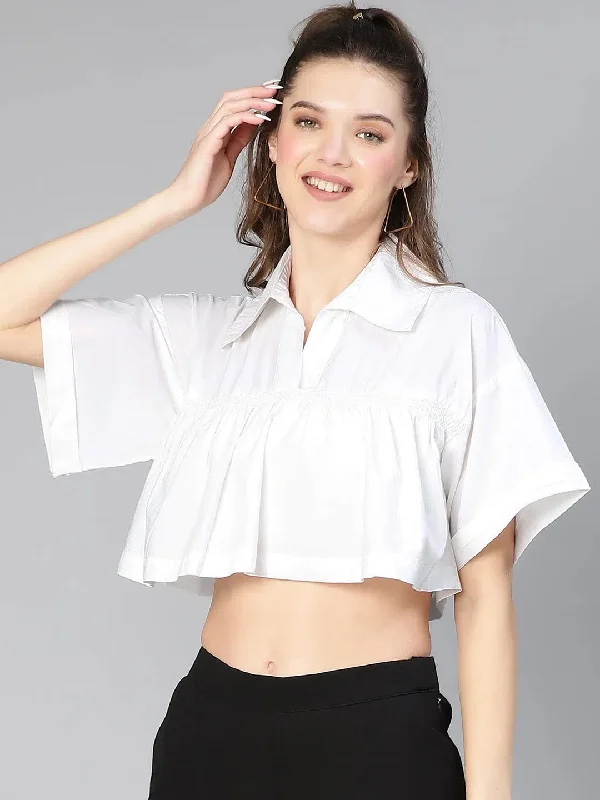 CroptopspiritWomen white collared & flared cotton crop top