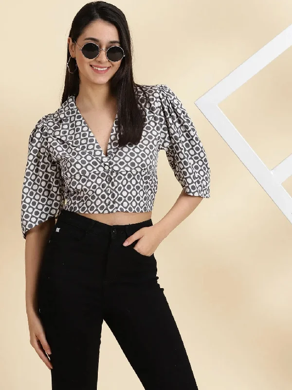 CroptopsoftWomen's White Printed Shirt Style Crop Top-AE-10618-Whitegrey