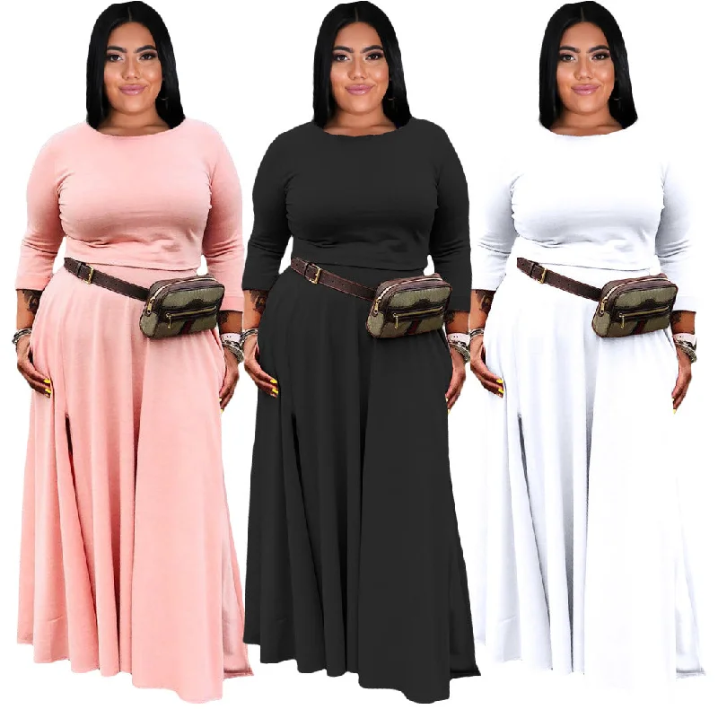 2 Piece Sets Women Plus Size Fashion Casual Solid Basic O Neck Plus Size Two Pieces Skirts Set