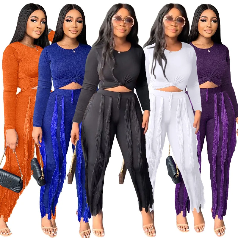 New 2022 Fall 2 Piece Sets Women Long Sleeve Sport Casual Tassels Two Piece Pants Set Tracksuit Women Jogger Suit Women's Sets