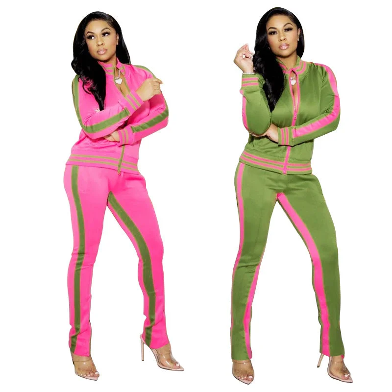 Contrast Color Active Wear Outfit Zipper Up Coat Long Sleeve Tracksuits Two Pieces Pants Set For Women Pants Set With Spliced