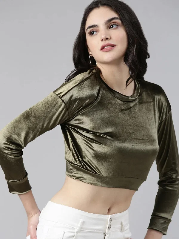 CroptophistoryRound Neck Regular Sleeves Solid Blouson Olive Crop Top-AE-10666-Olive