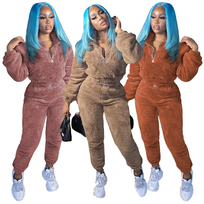 2022 Women Winter Clothes Fur Faux Coats Jackets Tracksuits Clothing Joggers Crop Top 2 Two Piece Pant Sets velvet tracksuit