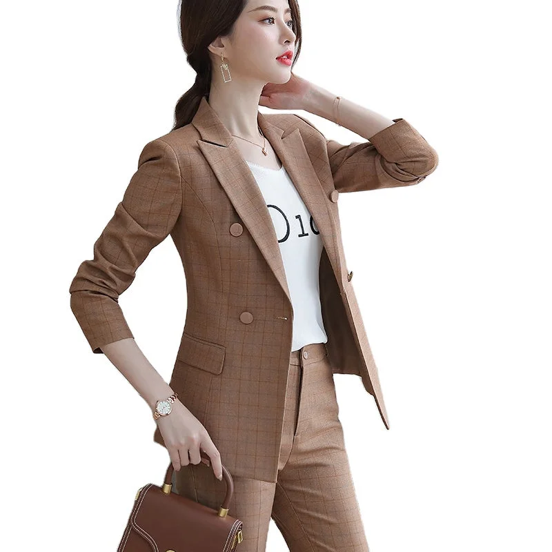 Brown High-quality two-Piece Suit Set Plaid Formal Pant Suit Blazer Office Lady Women Soft Jacket and Ankle-Length Trouser