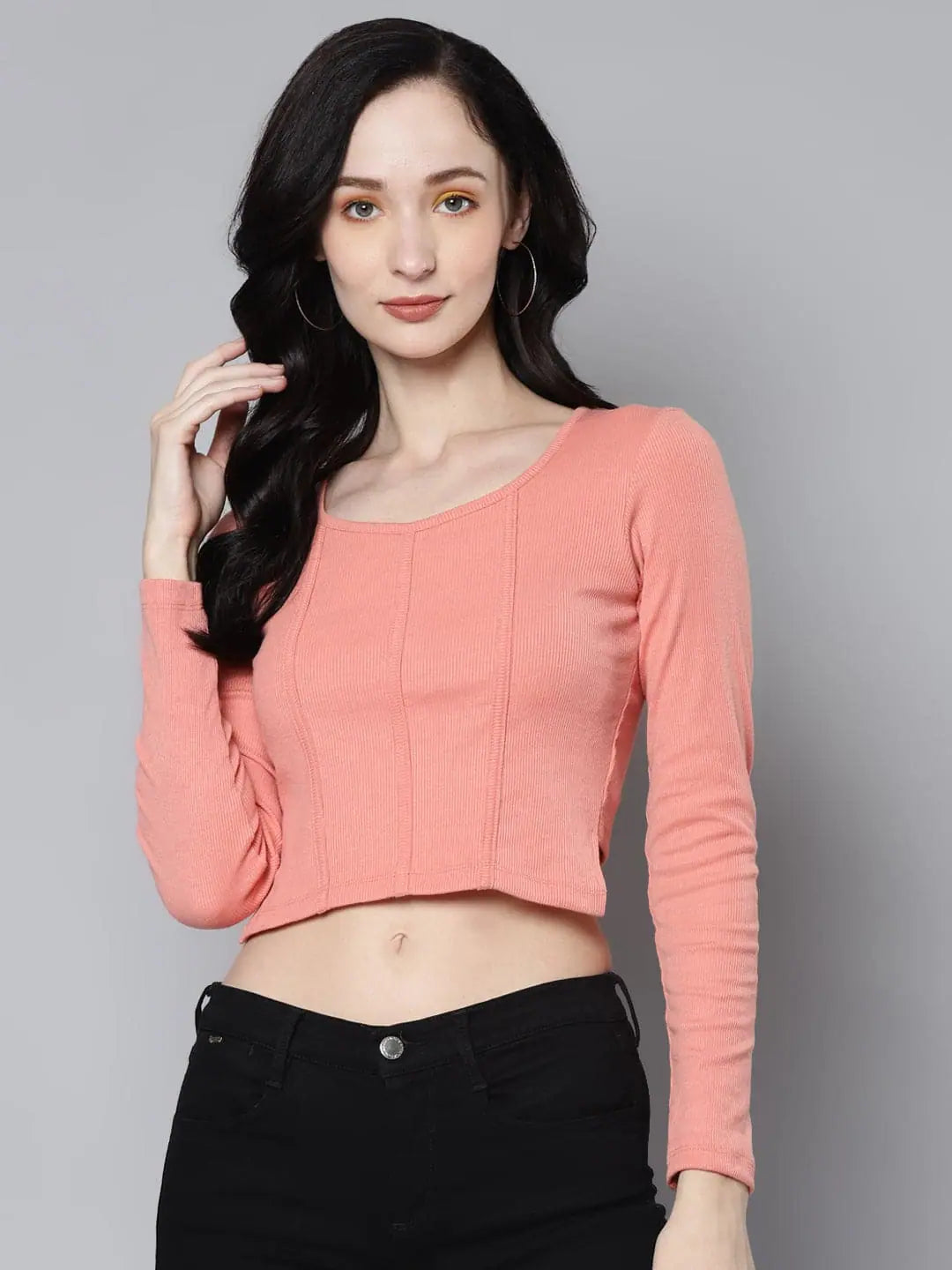 CroptopfanWomen Peach Rib Full Sleeves Crop Top