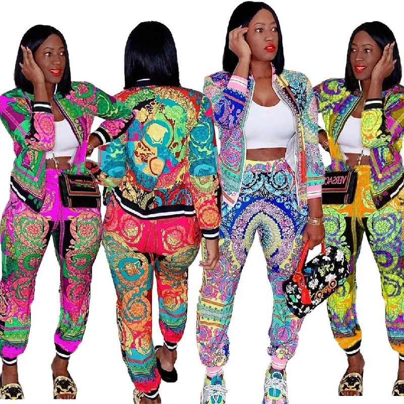 2022 Good Quality Fashion Clothes Zip Jacket Two Piece Pants Set Plus Size Colorful Print 2 Piece Set Women