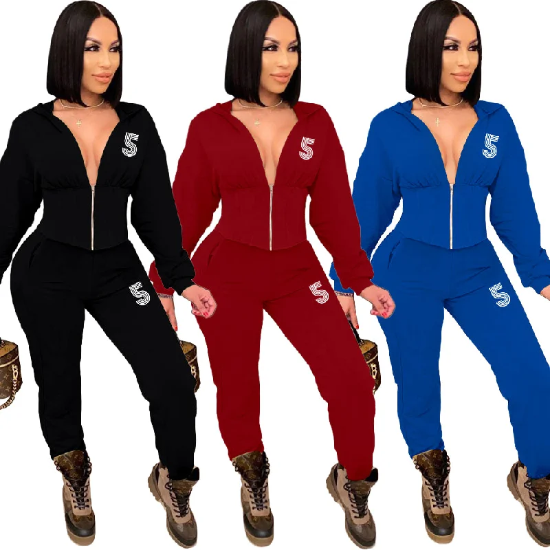 Autumn Winter Fashion Printed Tracksuit 2 Piece Set Winter Zip Up Corset Hoodie Pants Two Piece Outfits