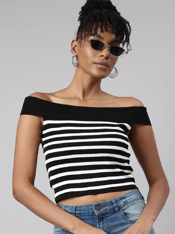 CroptopwovenWomen Black Horizontal Stripes Fitted Crop Top-TG-6A77-Black