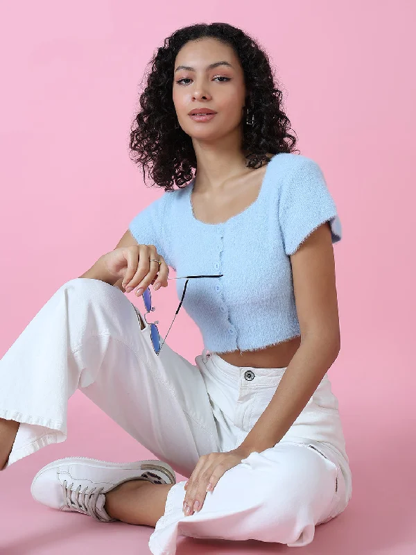 CroptophoodieWomen Blue Solid Crop Top-OC-9323-Blue