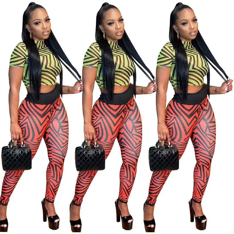 J&H 2023 new arrivals crop top leggings women short sleeve 2 piece pants set sexy slim fit printed summer outfits club wear