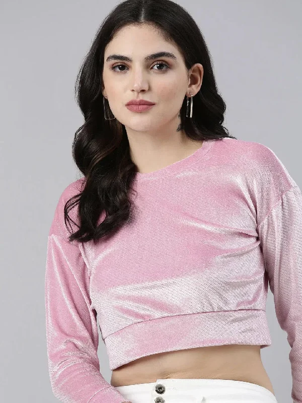 CroptoplinenRound Neck Regular Sleeves Embellished Pink Crop Top-AE-10665-Pink