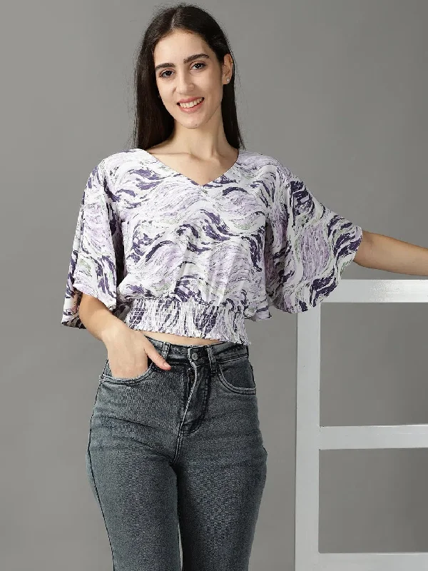 CroptopappWomen's Purple Printed Cinched Waist Crop Top-AE-10560-Purple