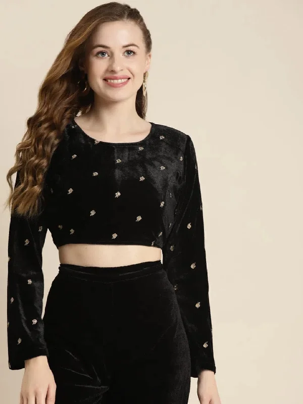 CroptopplatformBlack Full Sleeve Embroidered Velvet Crop Top