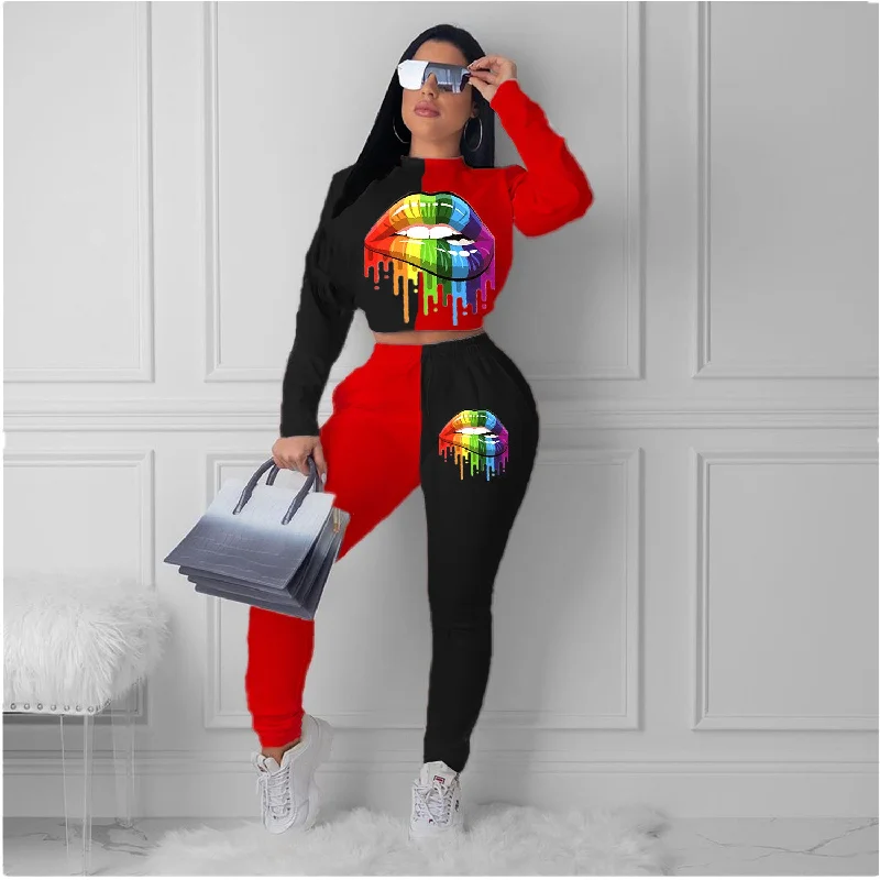 High Quality Custom Fall Street Wear Long Sleeve Stitching Color Crop Top Printed 2 Piece Pants Outfit Two Piece Sets For Women