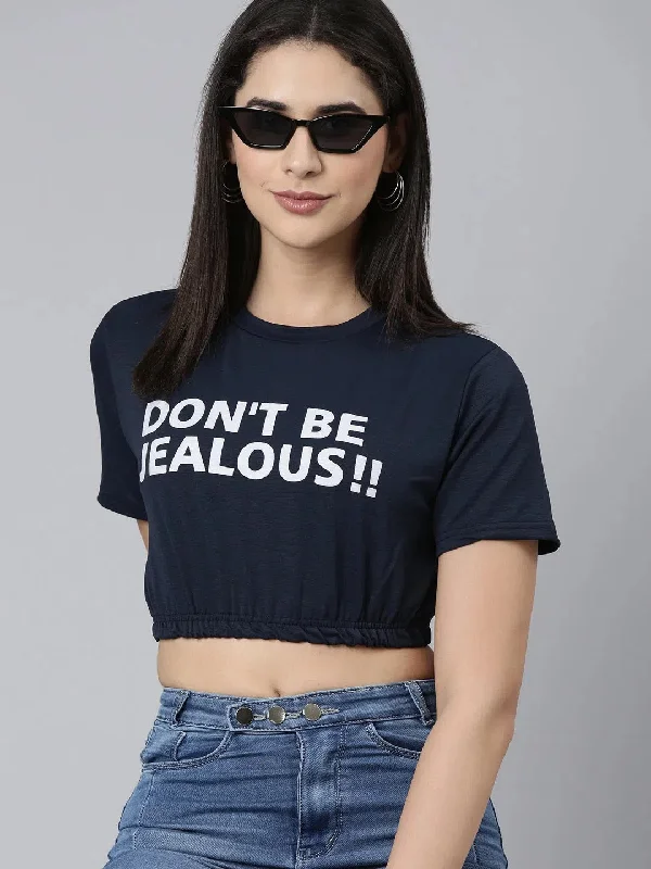 CroptoptimelessRound Neck Regular Sleeves Typography Cinched Waist Navy Blue Crop Top-AE-10631-Navyblue