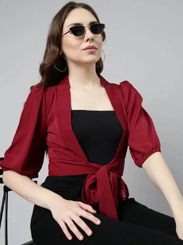 CroptopfinishWomen Maroon Solid Blouson Crop Top-AE-10757-Maroon