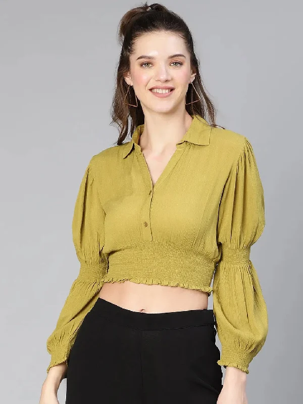 CroptopappWomen solid olive smocked viscose crop top