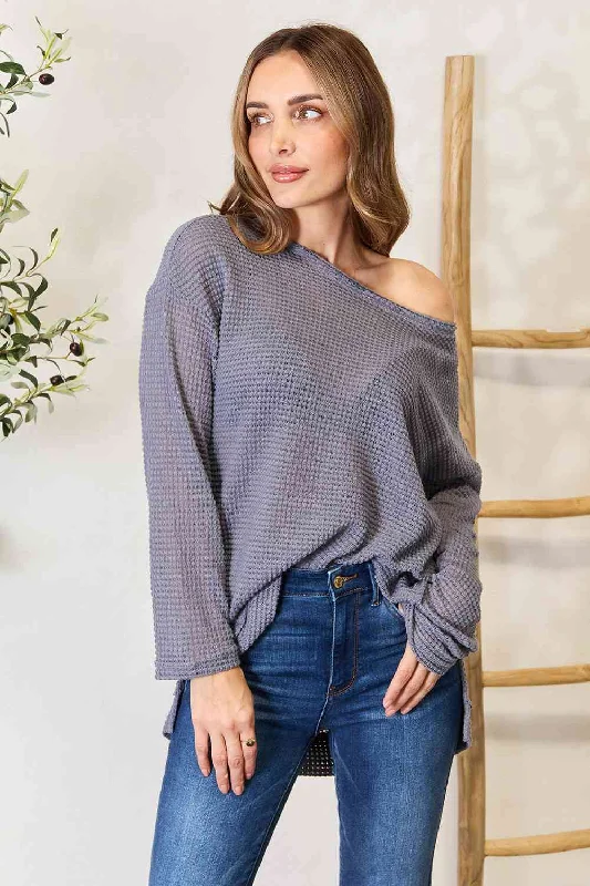 Lounge Knit TopsBasic Bae Waffle-Knit Round Neck Long Sleeve Slit Sweatshirt