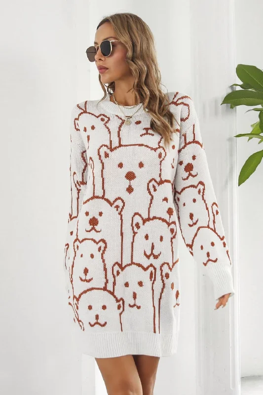 Lounge Knit TopsBear Pattern Round Neck Sweater Dress