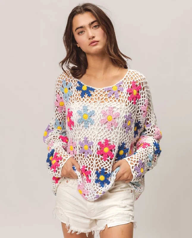 Luxury Knit TopsMulticolored Flowers Crochet Sweater